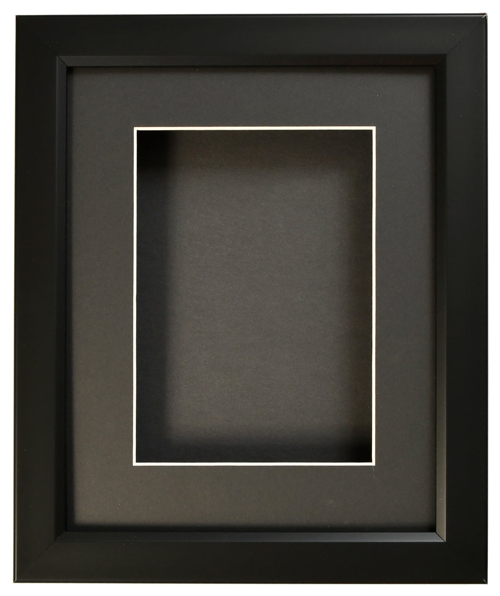 SHADOW BOX FRAME FOR OBJECTS - BLACK FRAME, BLACK MAT - CLEAR GLASS - 1"  DEPTH