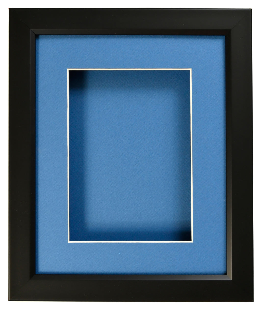 SHADOW BOX FRAME  - BLACK FRAME - BLUE MAT - CLEAR GLASS - 1" DEPTH