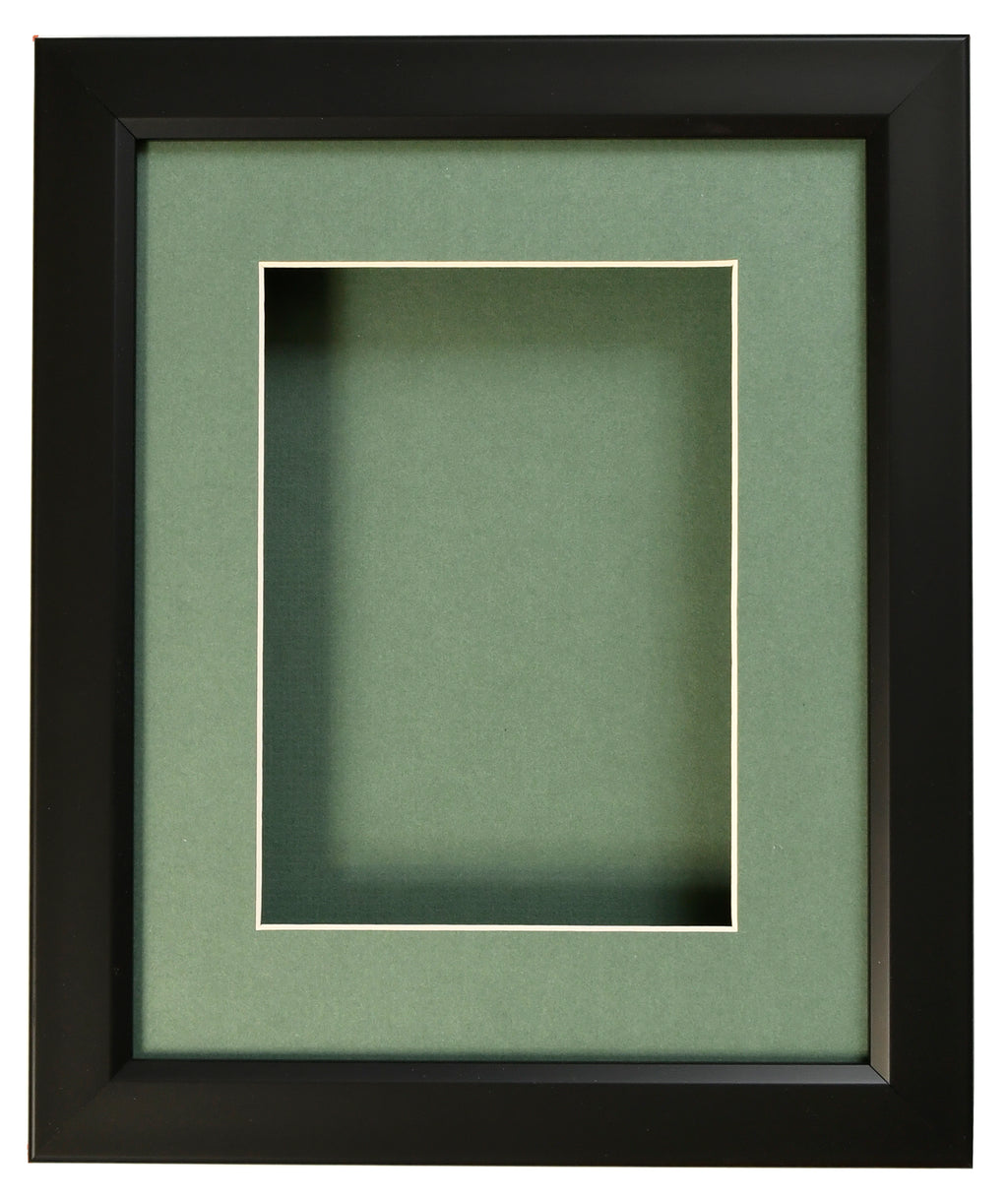SHADOW BOX FRAME FOR OBJECTS - BLACK FRAME - GREEN MAT - CLEAR GLASS -  1" DEPTH