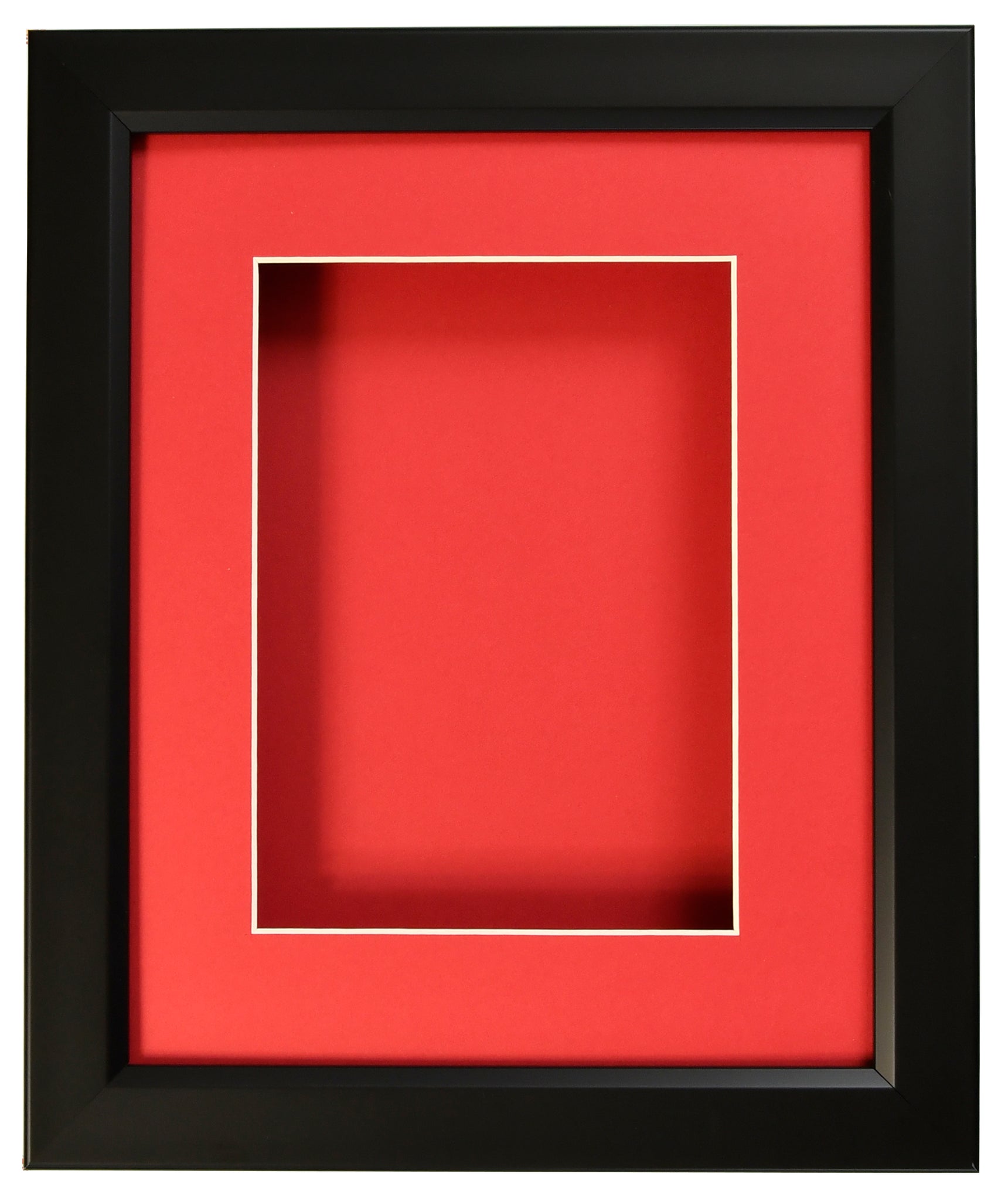 BOX FRAME - BLACK FRAME - RED MAT - CLEAR GLASS - DEPTH– West Coast Picture Frames
